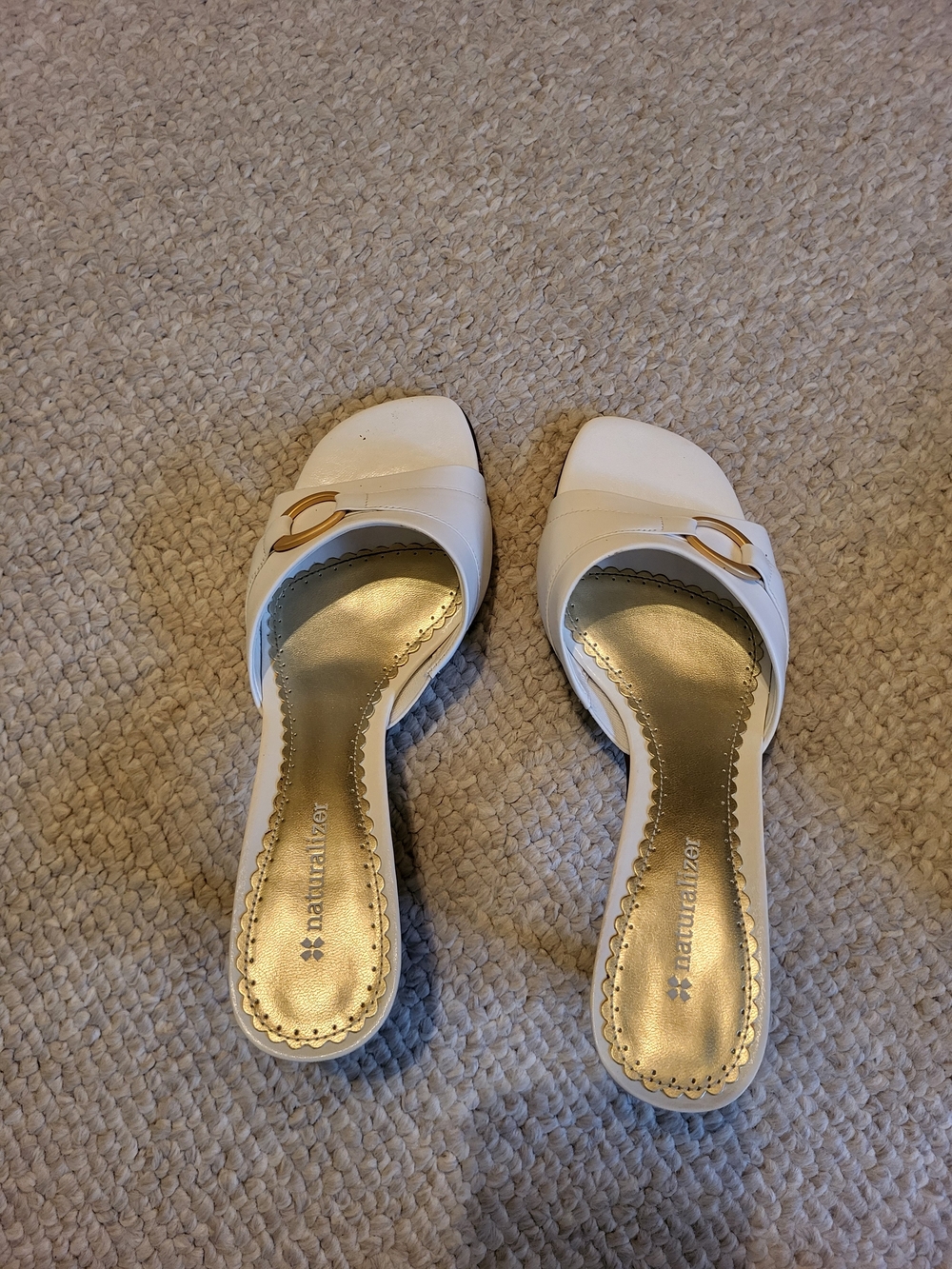 Naturalizer White Mules with Gold Insole and Buckle Accent